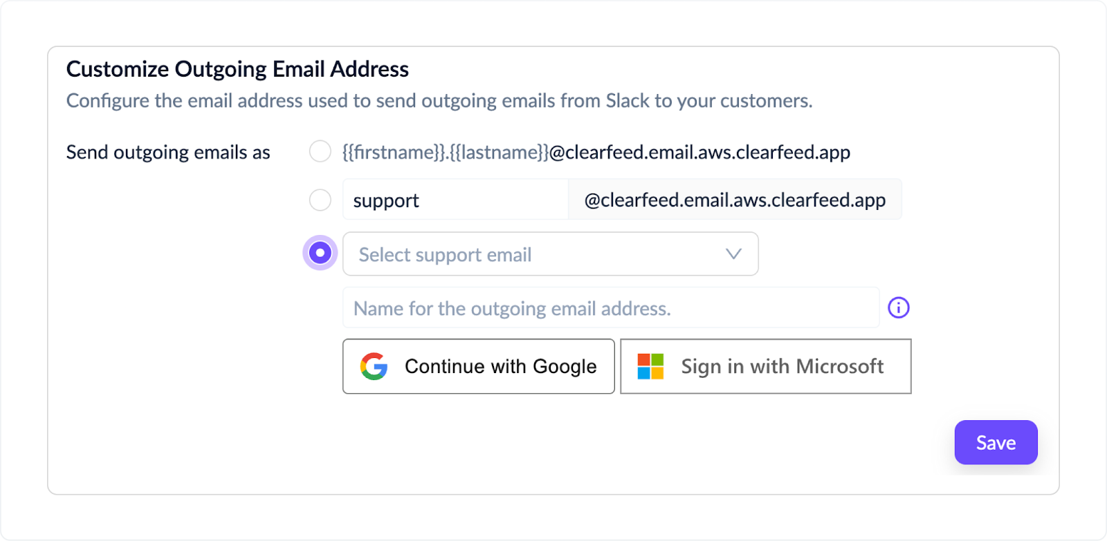 âInstructions for setting a custom outgoing email address in ClearFeed by going to Email Setup â Customize, updating the âFromâ address, and authenticating the linked Google Group so ClearFeed can send emails on your behalf.