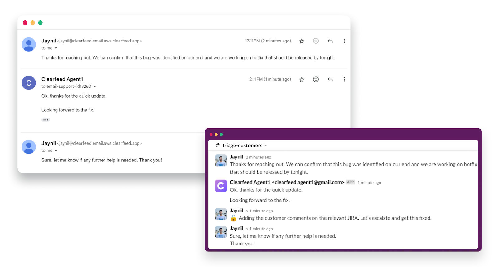 Instructions showing how to post a private comment in a triage Slack thread using the đ emoji â teammates mentioned can view the message, while it remains hidden from the customer
