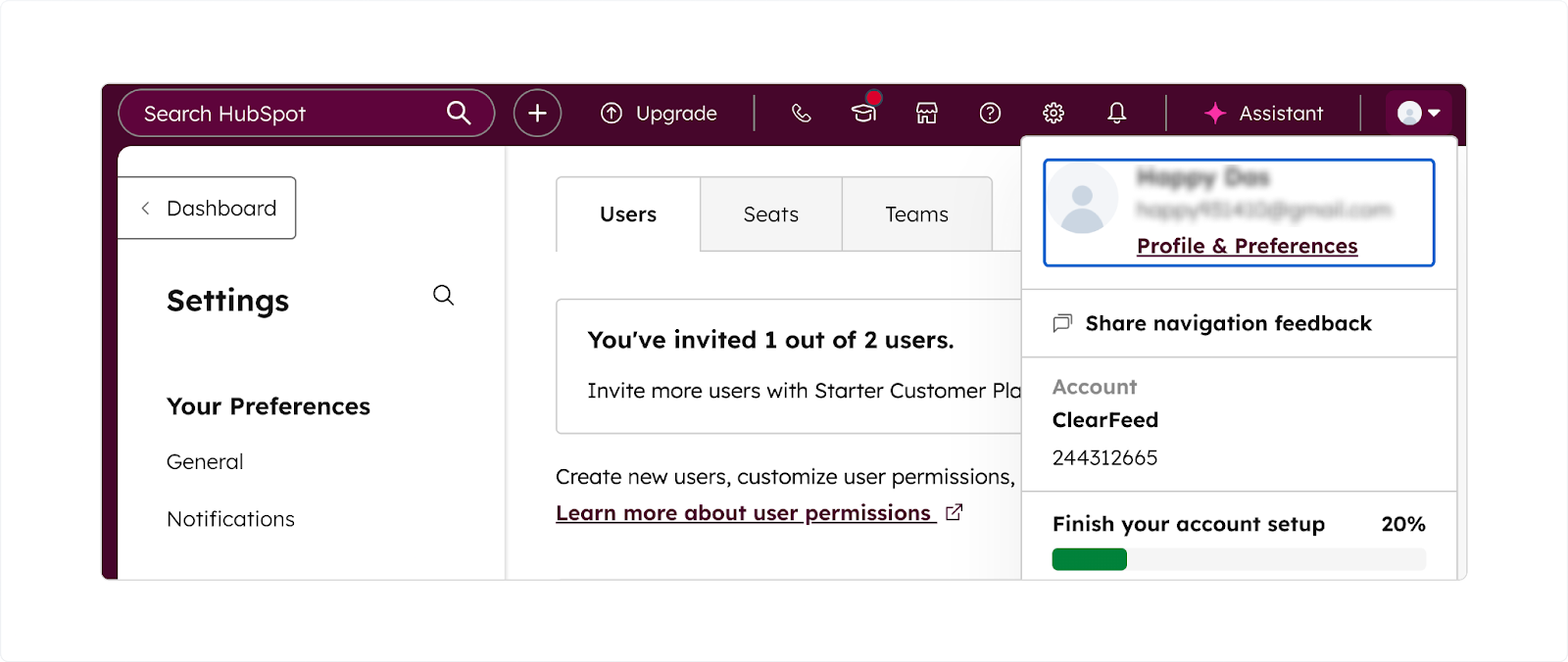 HubSpot interface showing workspace avatar and Profile & Preferences option.