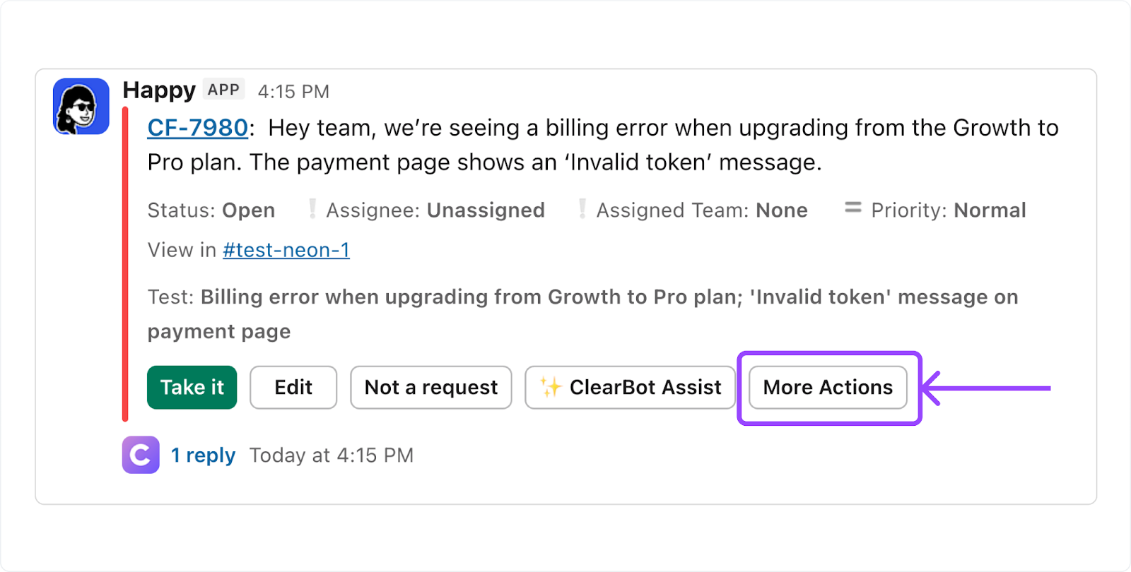 Request view showing the More Actions menu to track the request.