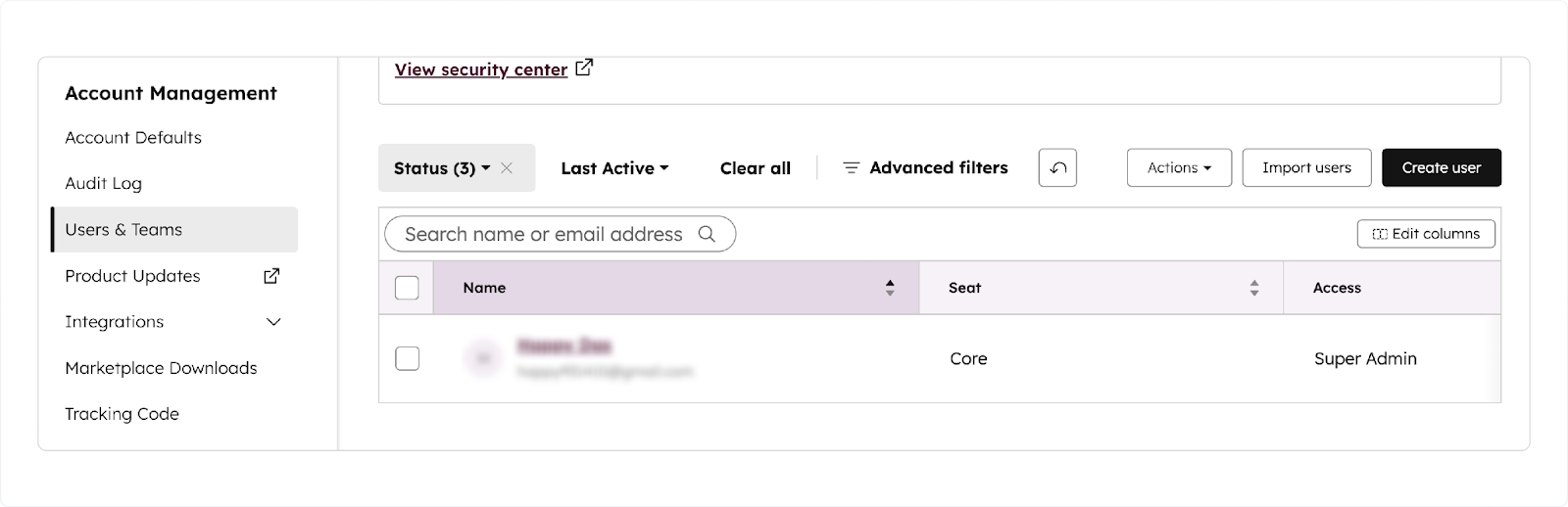 Users & Teams section under Account Management showing user access.