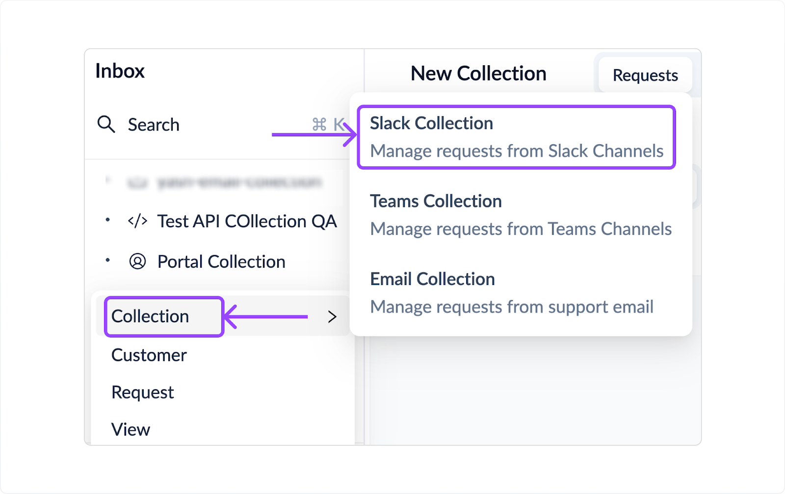 Navigation panel showing Slack collections and option to create a new Slack Collection.