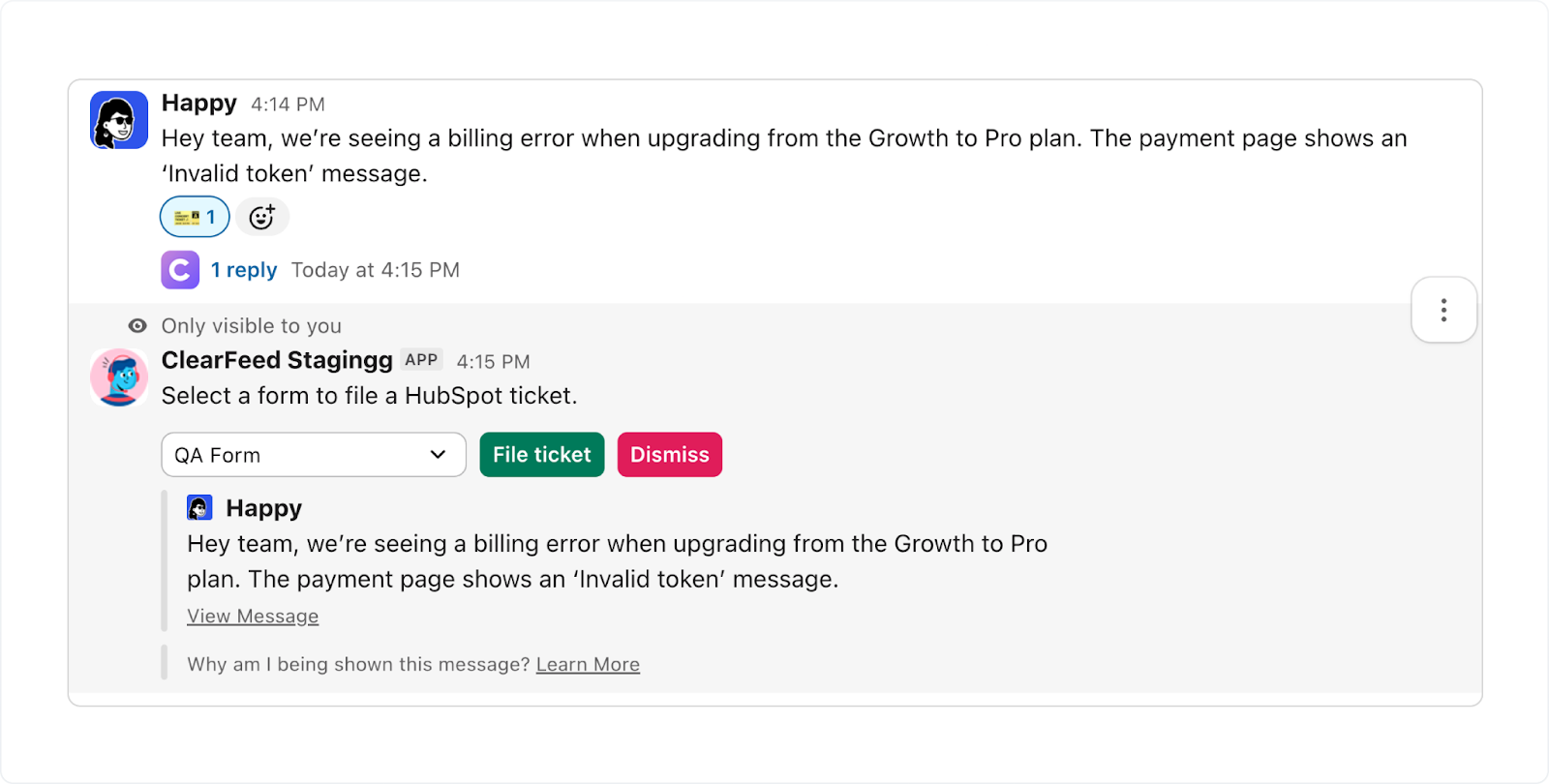 Slack message with the configured emoji applied to create a synced HubSpot ticket with an AI summary.