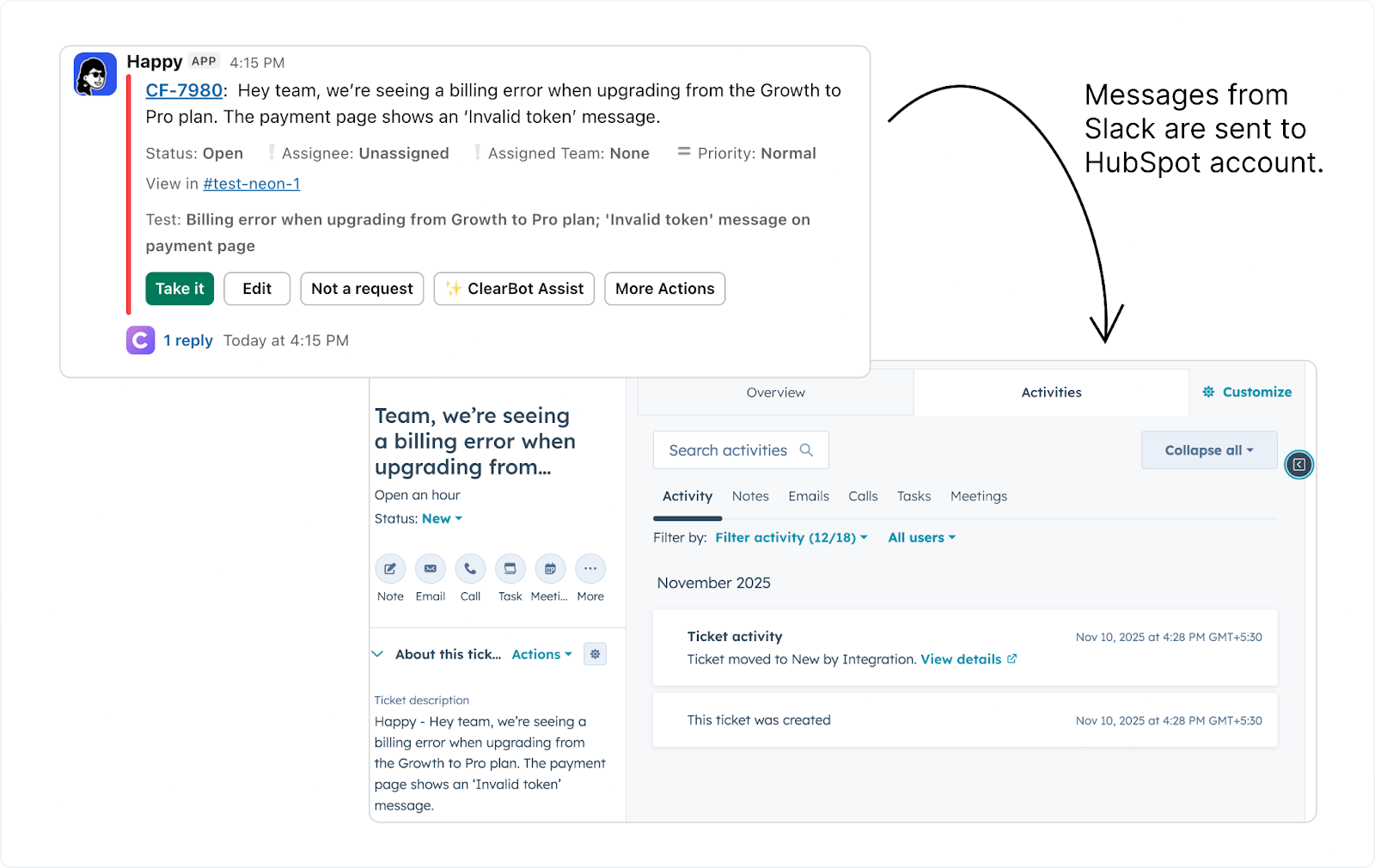 Workflow tip for escalating multiple requests and linking several ClearFeed tickets to one HubSpot ticket.