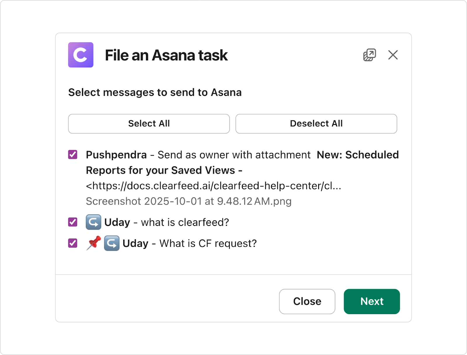 Interface for selecting thread messages and entering task details like assignee and due date.