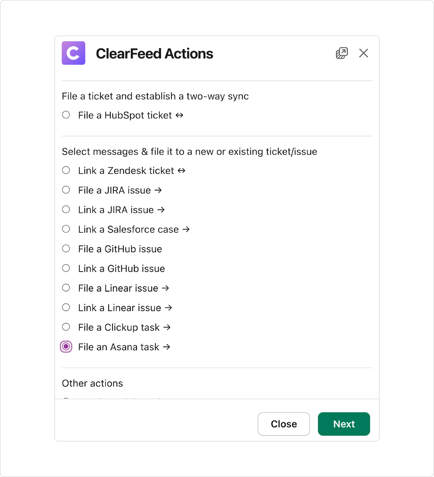 Instructions to open a request and choose File an Asana task from More Actions.