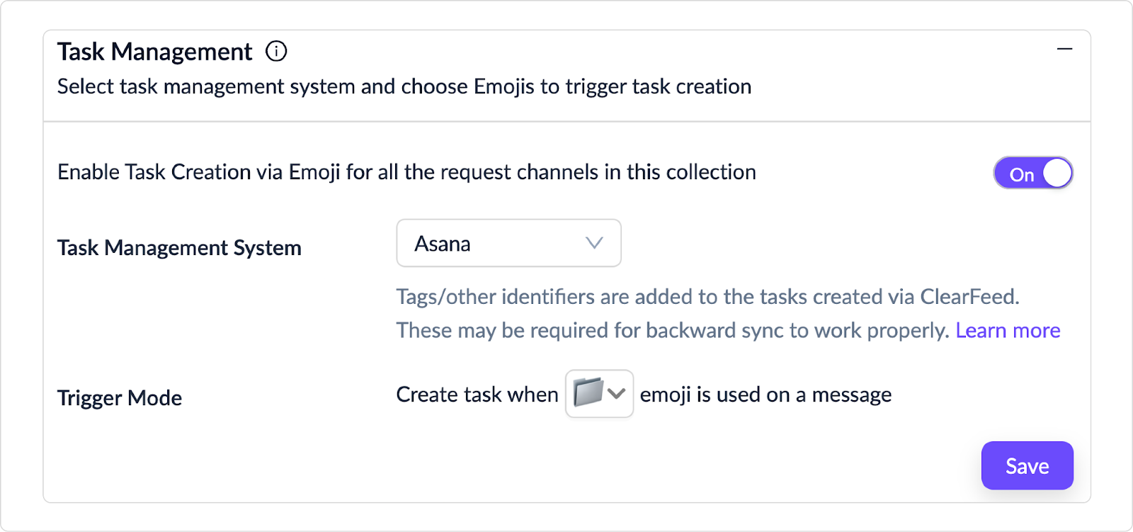 Settings page showing Task Management options to enable Task Creation and select Asana
