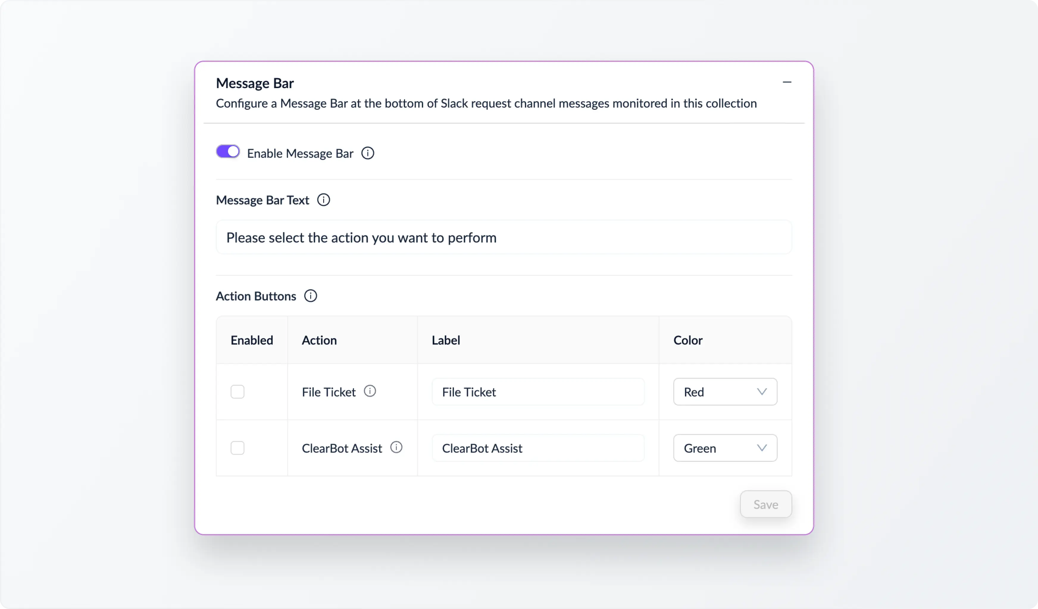 Settings screen allowing changes to Message Bar text, button label, and button color/style.