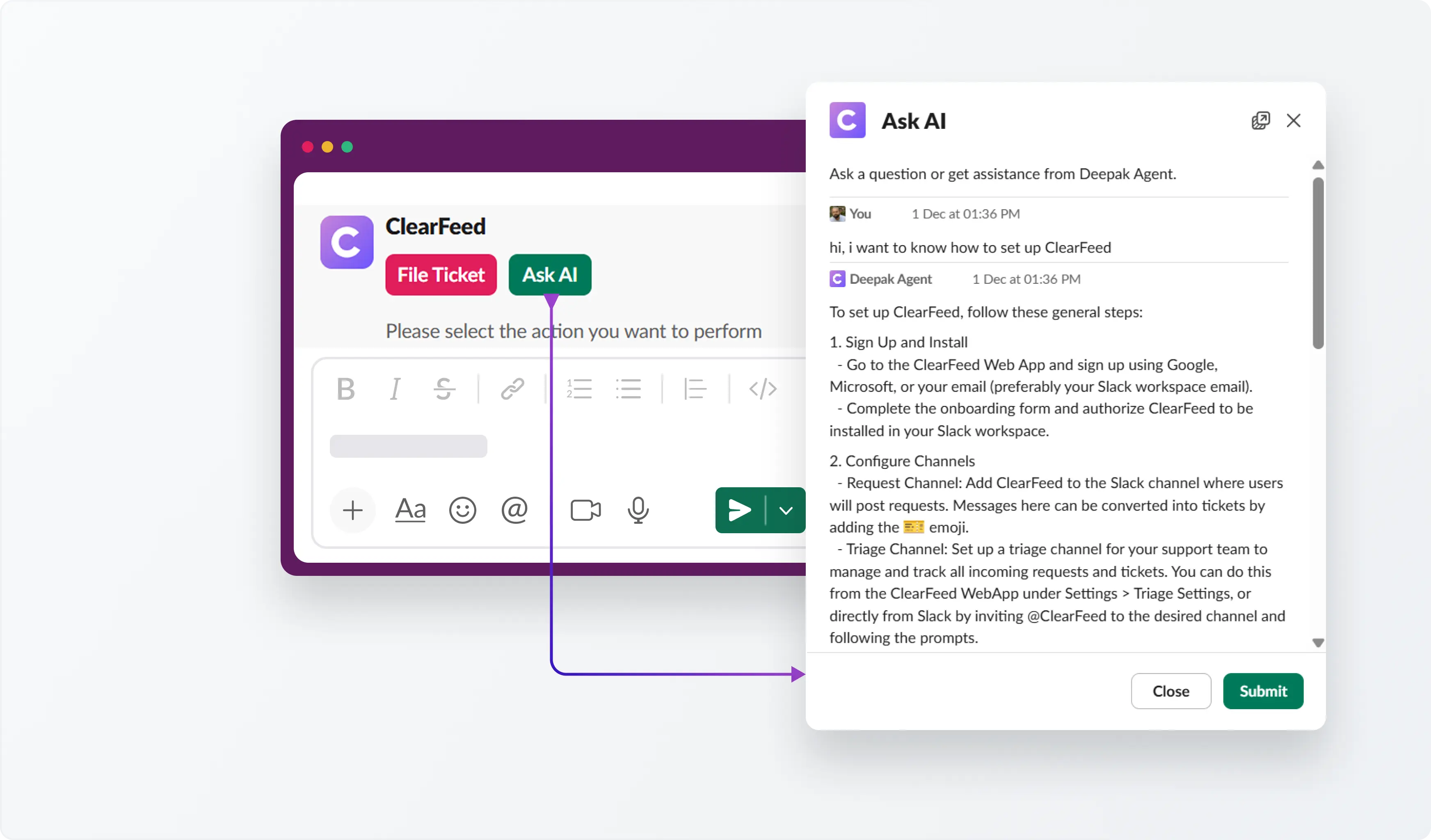 Ask AI button opens a private chat with the ClearFeed AI Agent for questions, summaries, and help—without cluttering public channels