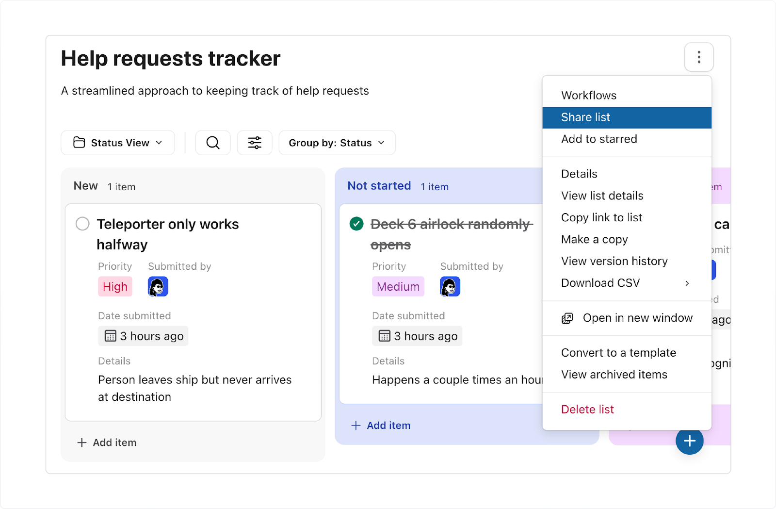 Slack List options menu opened from the three-dots button with Share List selected.