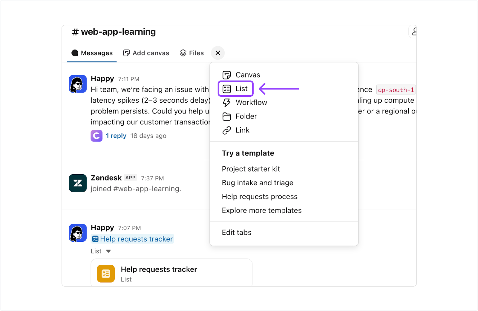 Slack top bar showing the plus (+) button used to create a new List.