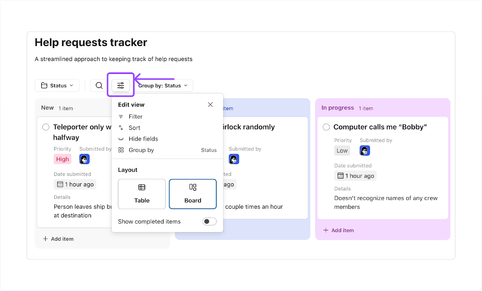 Slack List screen with the filter icon highlighted and Board layout selected.