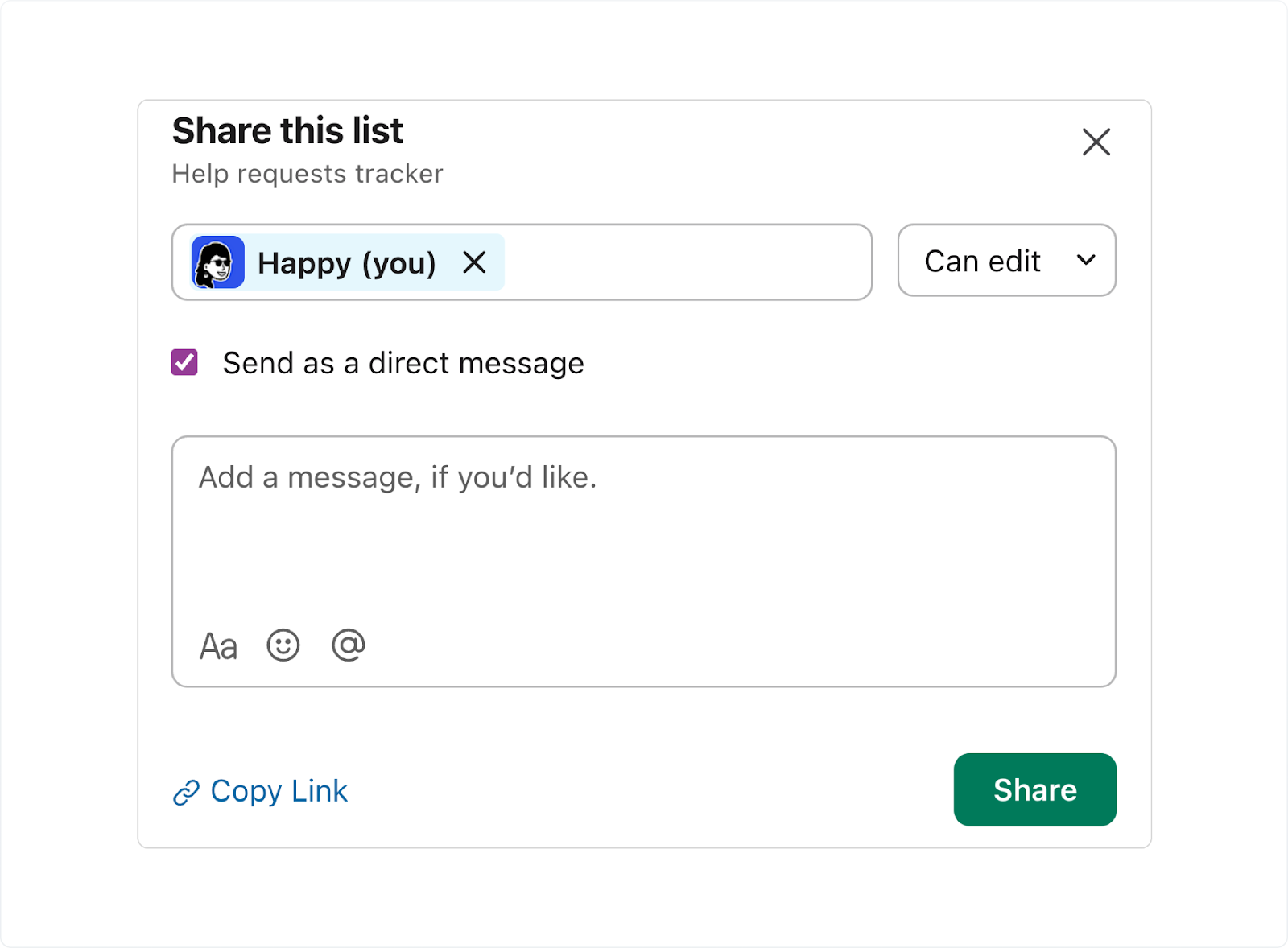Share dialog in Slack showing user and channel options for sharing the Kanban board.