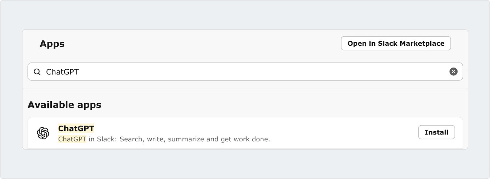 Slack Apps directory showing a search for “ChatGPT” in the Slack Marketplace.