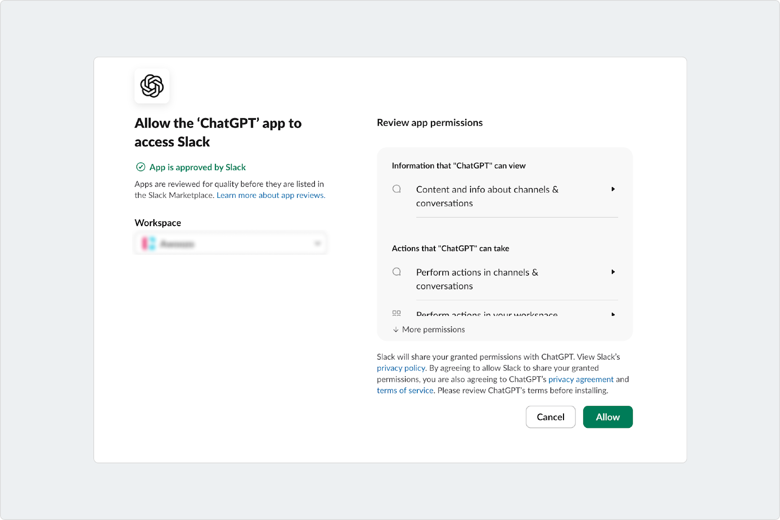 Slack permissions and authentication screen requesting approval to install the ChatGPT app, with admin approval required in some workspaces.