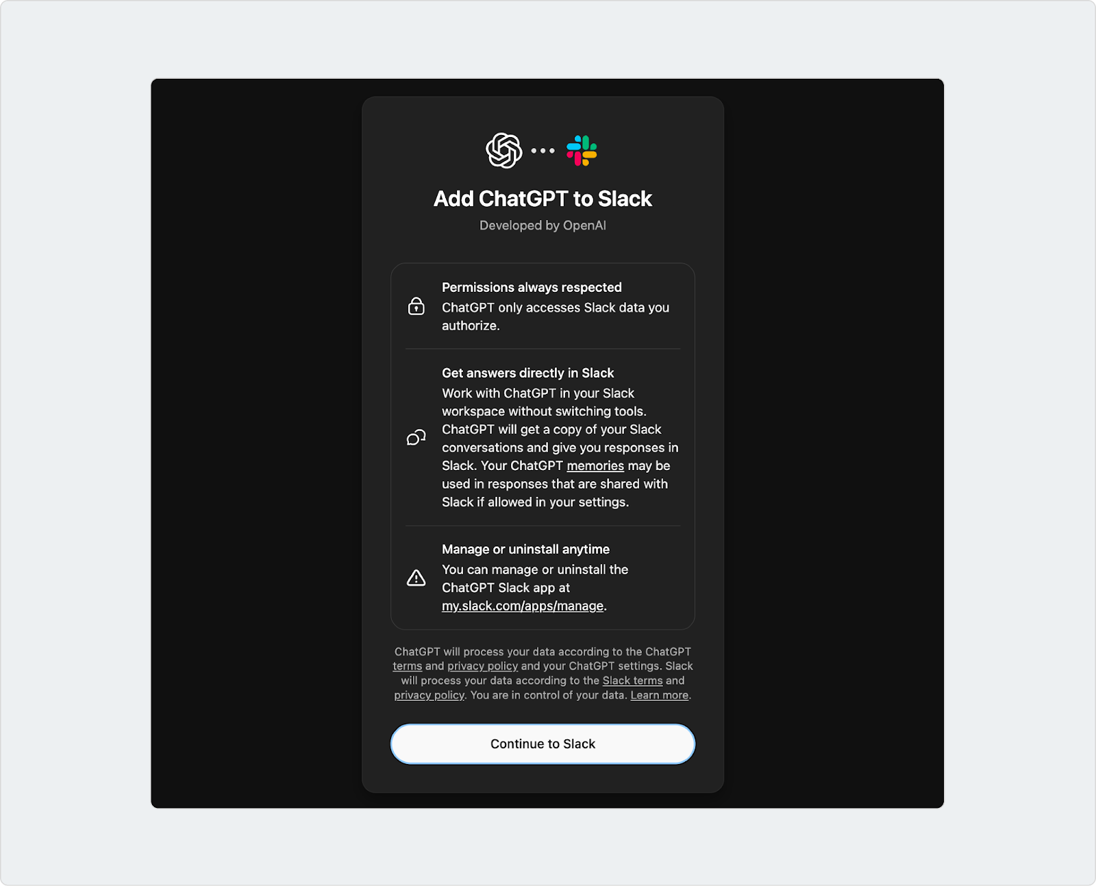 Slack Marketplace page for ChatGPT with the “Add to Slack” button, followed by the OpenAI authorization screen to complete installation.