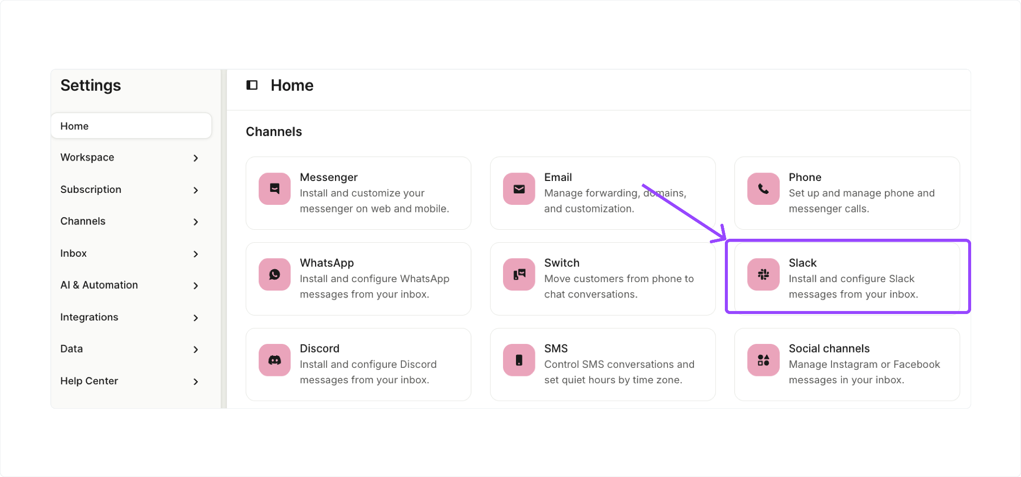 select slack channel for intercom integratio