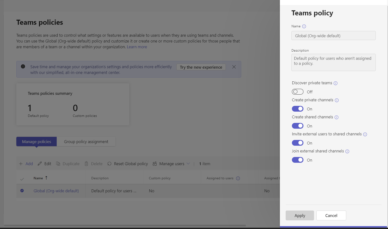 Select Global (Org-wide default) or create a custom policy