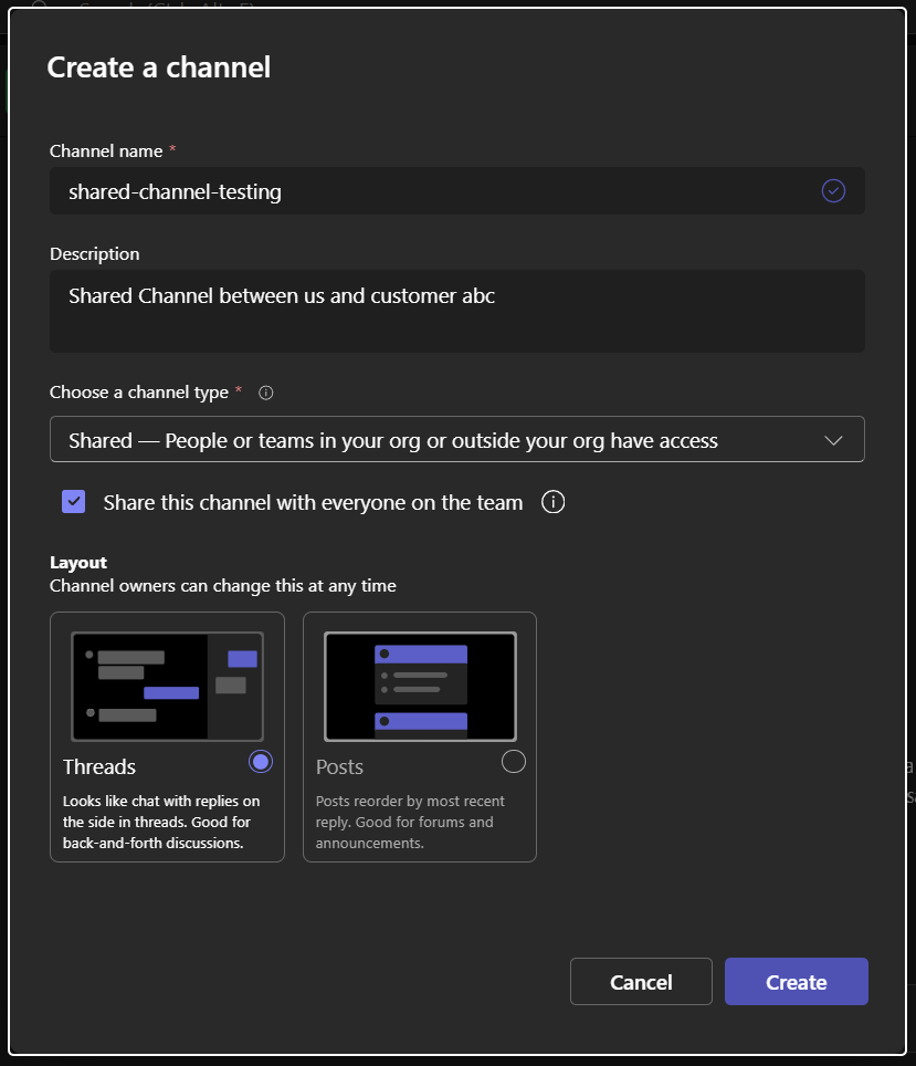 Choose a channel type as “Shared” and click “Create”