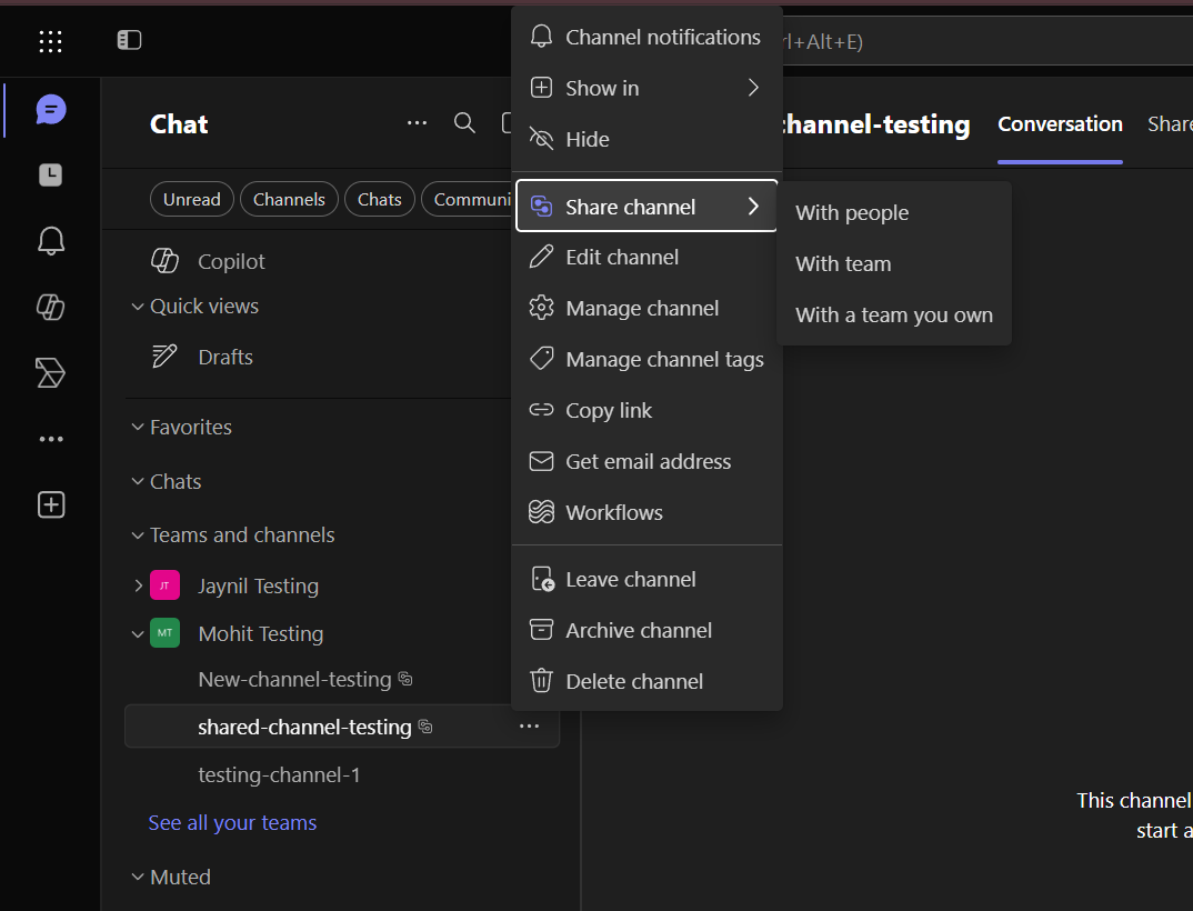 Select "Share channel" and choose "Share with people" (or "Share with team" if inviting an entire team)