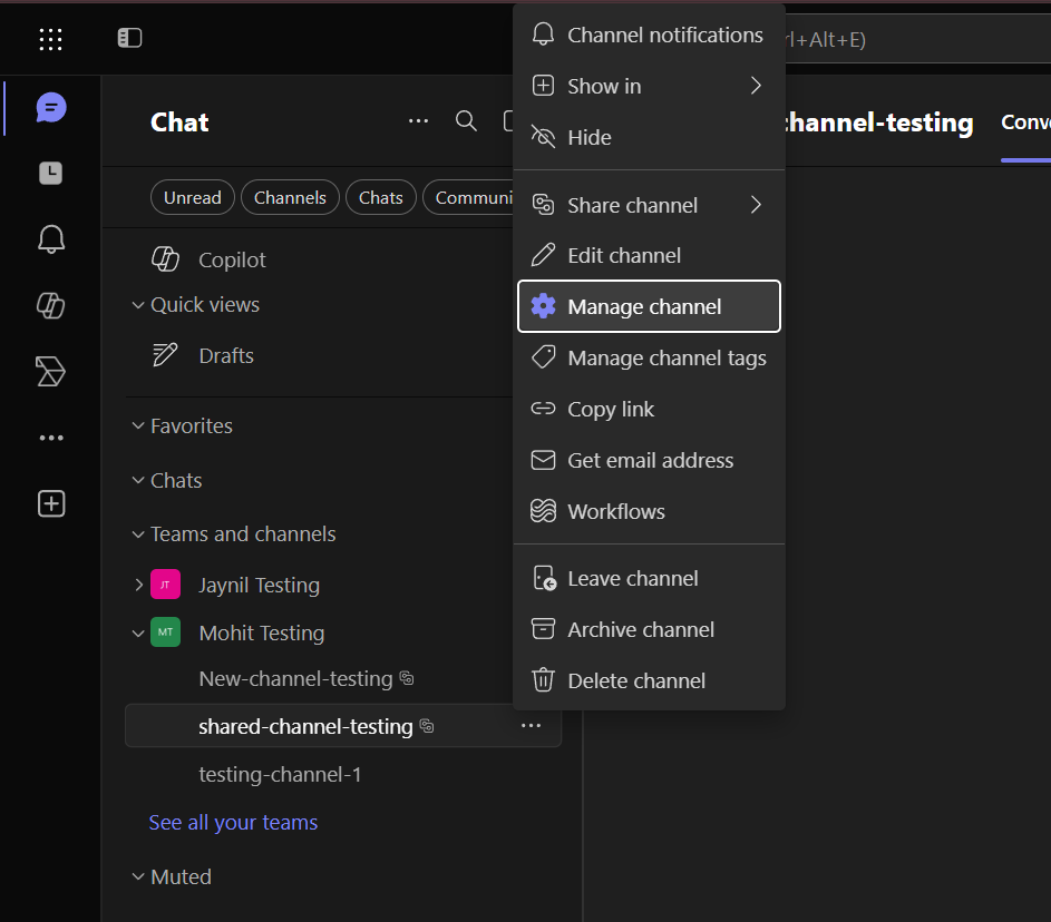 Go to the shared channel → More options (⋮) → Manage channel