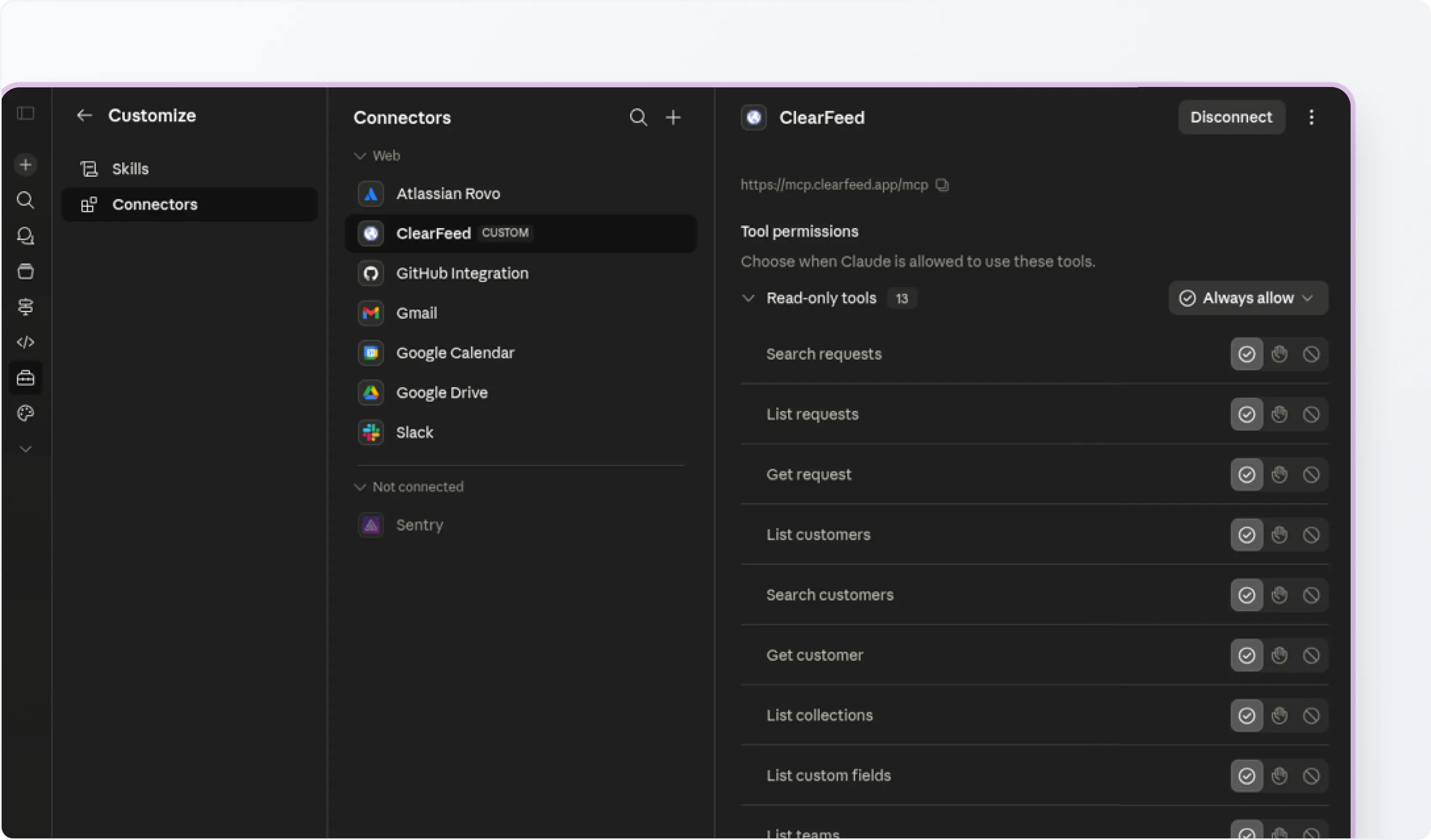Image showing Claude Connectos Screen for ClearFeed MCP and its Tools