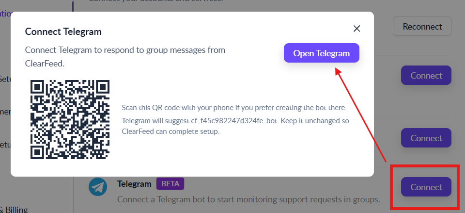Connect a ClearFeed-managed Telegram bot