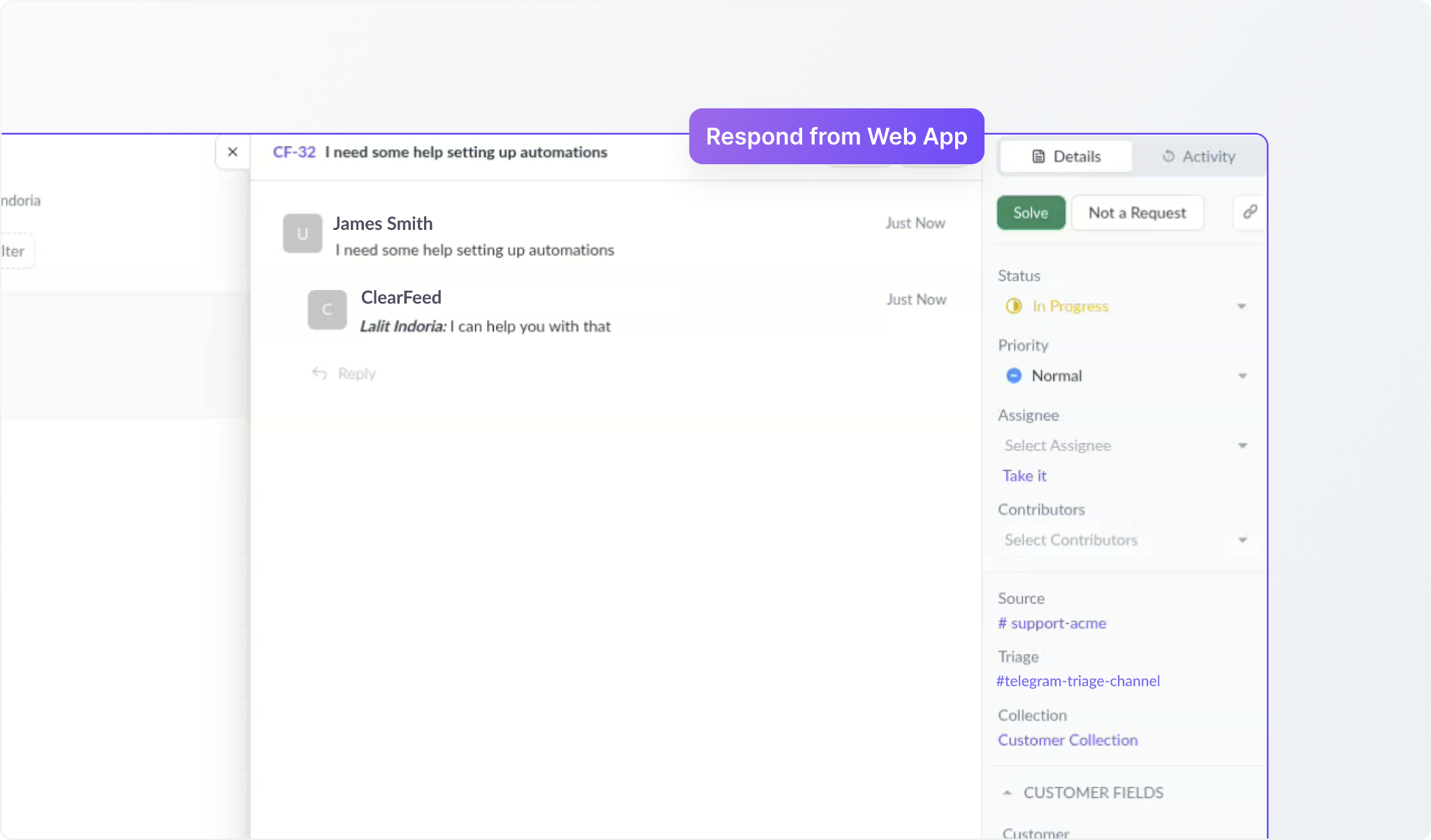 Respond to Telegram Requests from the ClearFeed Web App