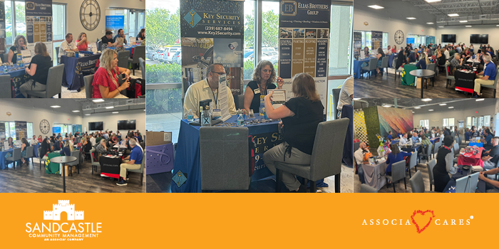 andcastle Community Management hosts a charity networking event supporting Associa Cares, with vendors and community managers engaging across multiple tables in a bright, welcoming venue. The image collage shows sponsors like Key Security Services and Elias Brothers, along with the Sandcastle Community Management and Associa Cares logos.