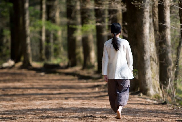 Woman Walking Barefoot in Sunlit Forest Pathway
