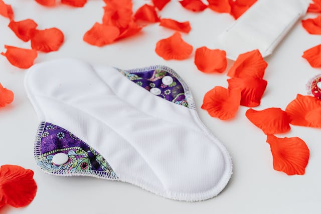 Close-Up Shot of a Sanitary Napkin Near Red Petals