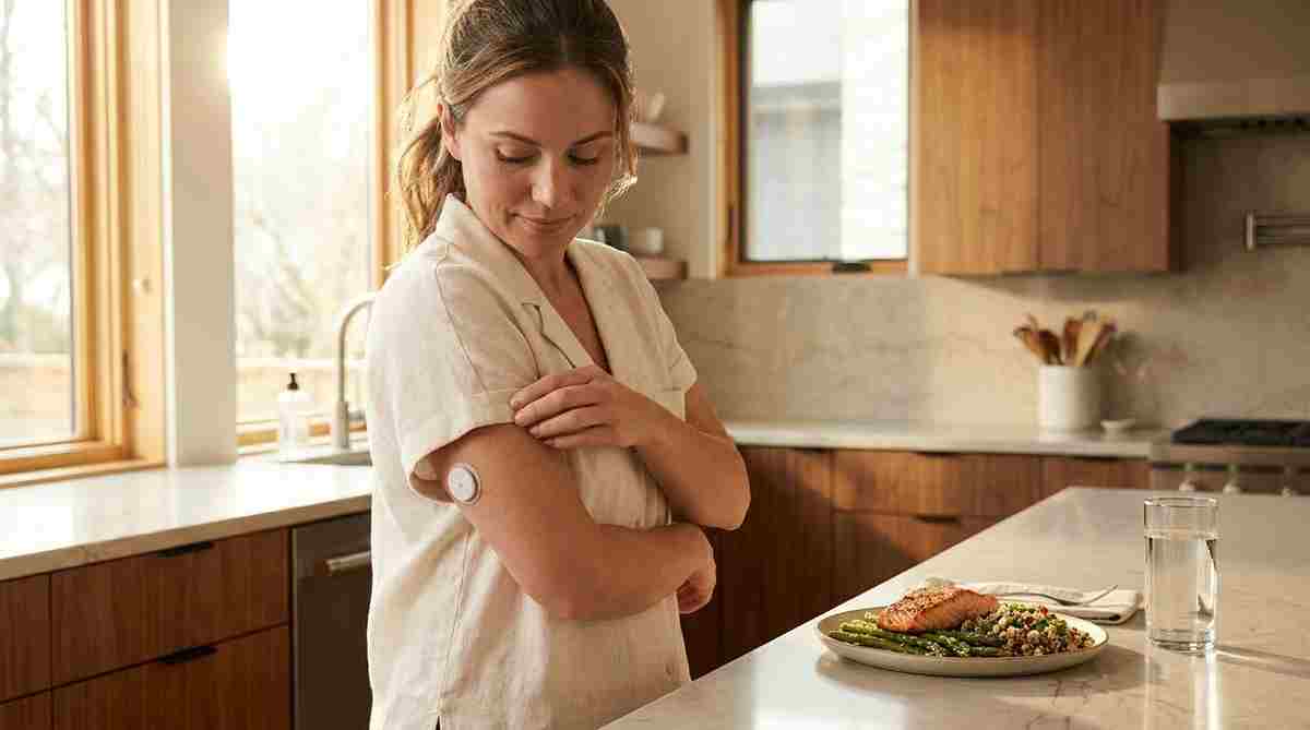 A woman in her 30s checking her continuous glucose monitor on her arm in a bright sunlit kitchen, with a balanced meal on the counter