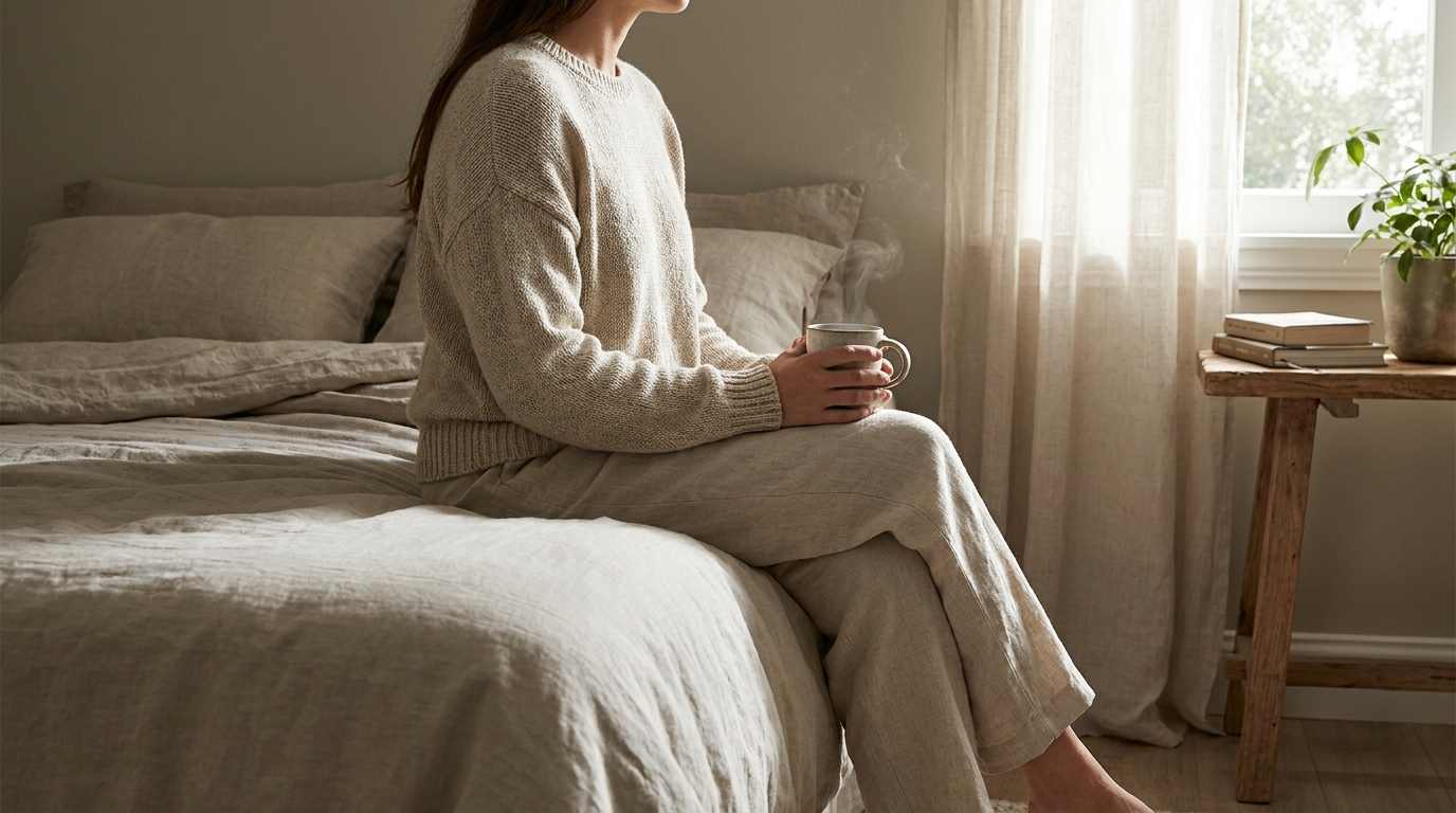 A woman sitting on a bed holding a warm mug of tea in soft morning window light