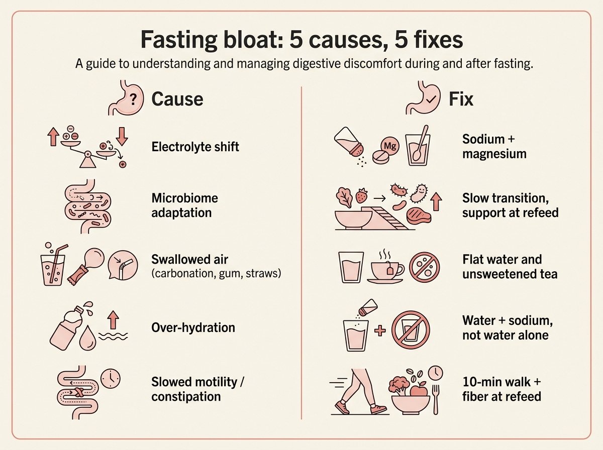 Two-column diagram matching each of the 5 causes of fasting bloat to its specific fix
