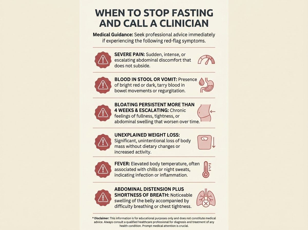 Red-flag list showing when to stop fasting and call a clinician: severe pain, blood in stool or vomit, persistent escalating bloating, unexplained weight loss, fever, distension with shortness of breath