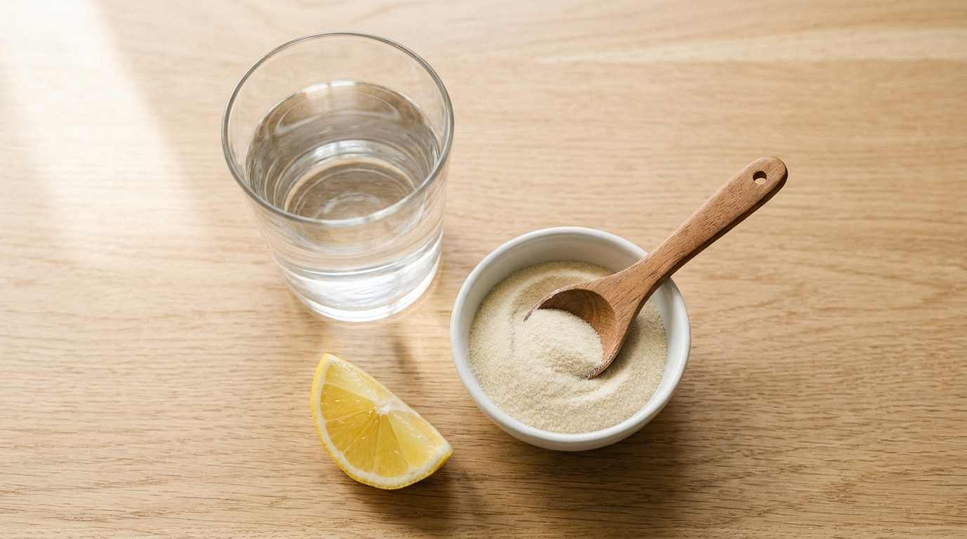 Unflavored gelatin powder, a glass of water, and a lemon wedge on a light oak kitchen counter