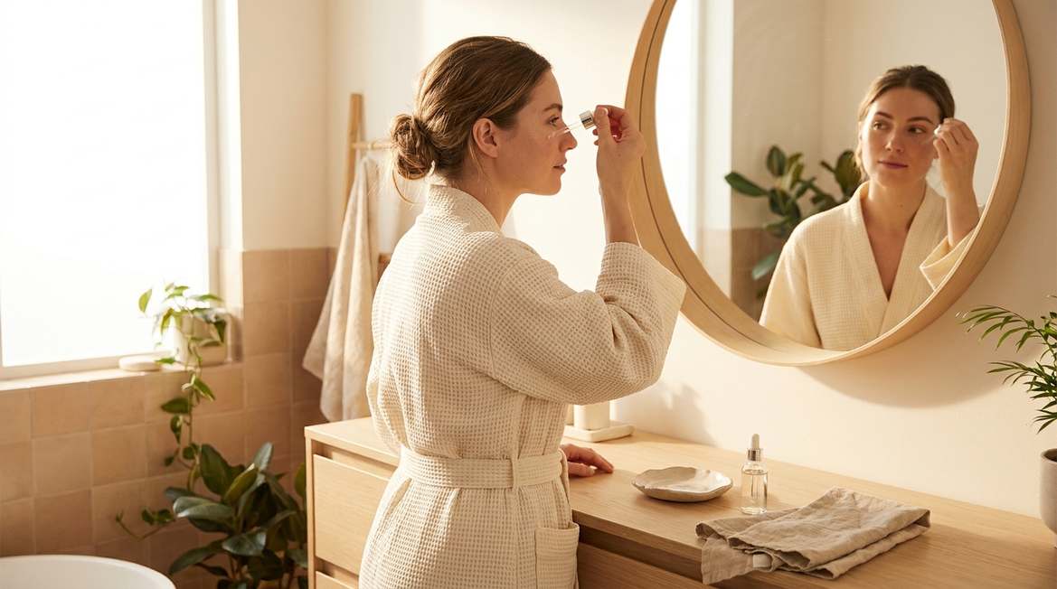 A woman in her late 20s applying skincare in a softly-lit modern bathroom, looking calmly at her reflection in the mirror
