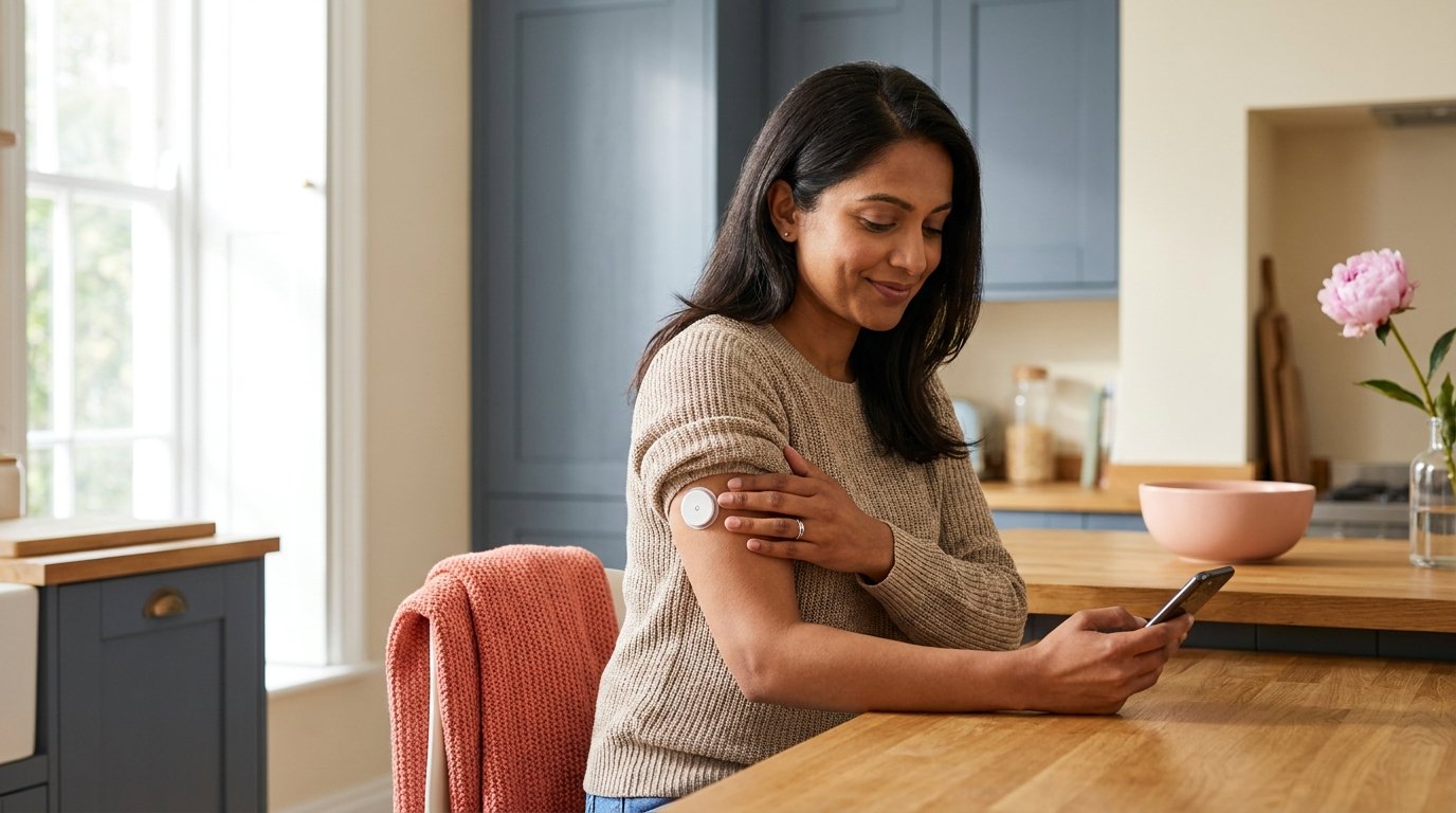 South Asian woman with continuous glucose monitor in modern kitchen — managing PCOS with Aspect Health