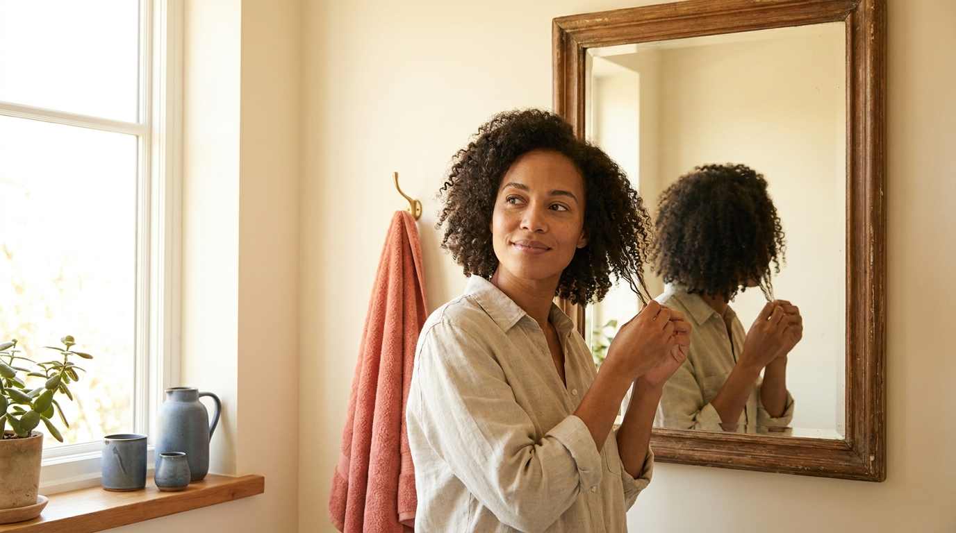 Woman in her 30s checking her hair in a softly lit bathroom mirror, calm and contemplative — representing the everyday reality of PCOS hair loss