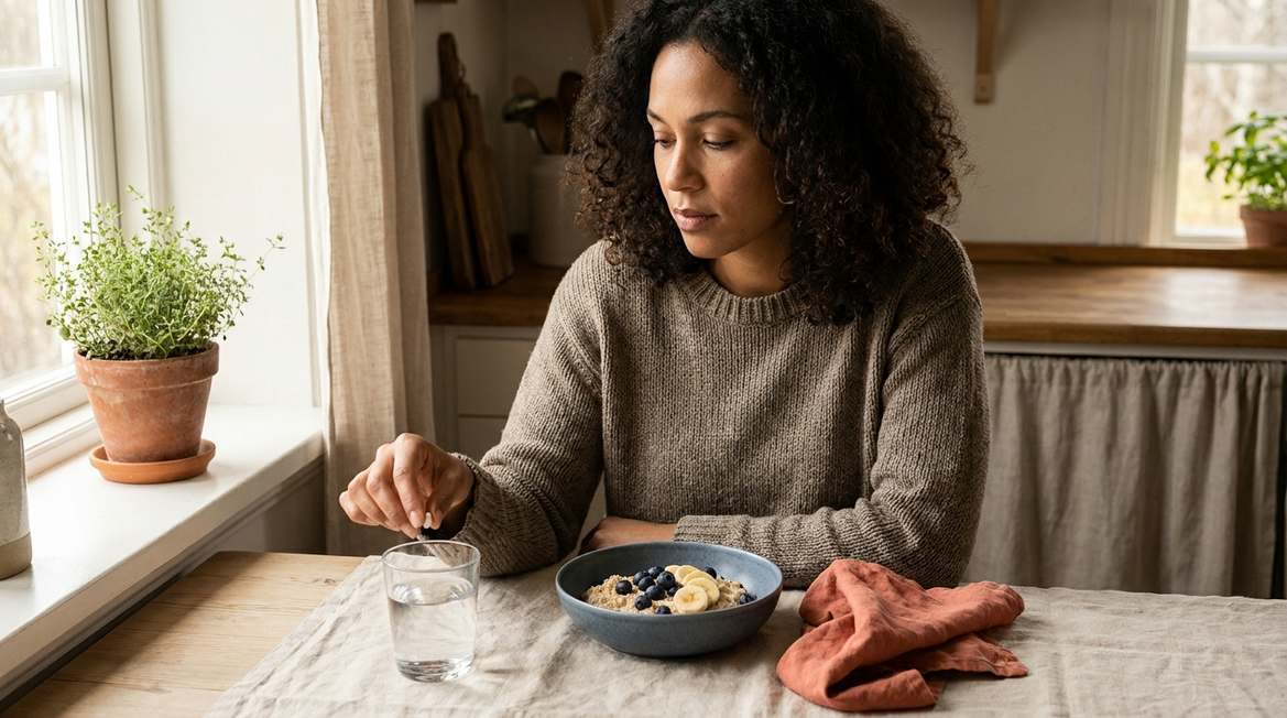 Woman taking metformin pill at kitchen table with morning coffee — PCOS treatment context