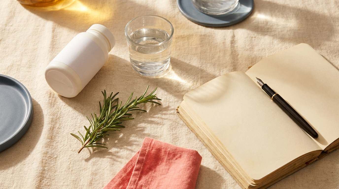 Editorial overhead shot of a single white prescription pill bottle, water glass, fresh rosemary sprig, and open notebook with fountain pen on warm cream surface — spironolactone for PCOS treatment guide