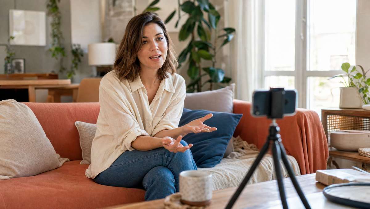 A young woman filming herself on a phone in warm natural light at home, talking openly to camera about her health