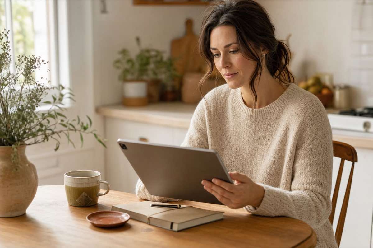 A woman in her thirties reading on a tablet at a bright kitchen table, learning about the PCOS to PMOS name change.