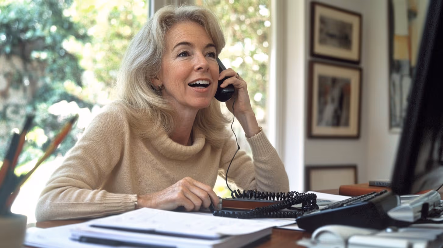 Smiling woman with blonde hair wearing a beige sweater talking on a corded telephone at a desk with papers and a computer monitor.