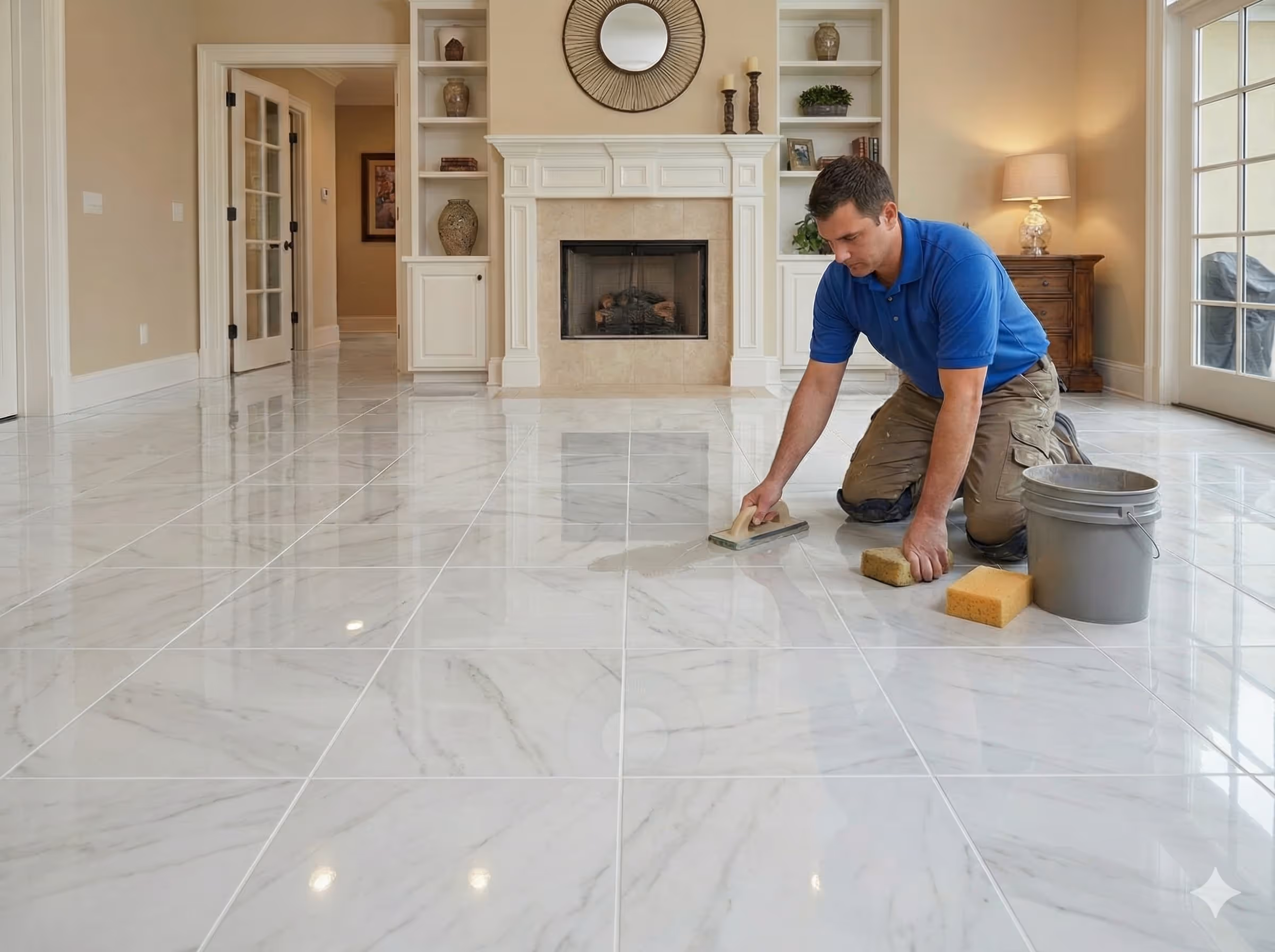 Man in blue shirt and khaki pants kneeling on polished marble floor, applying grout or cleaning tiles with sponges and a tool in a living room with fireplace and built-in shelves.