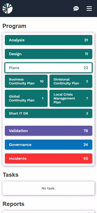 ParaSolution's plans pane opened on the dashboard page