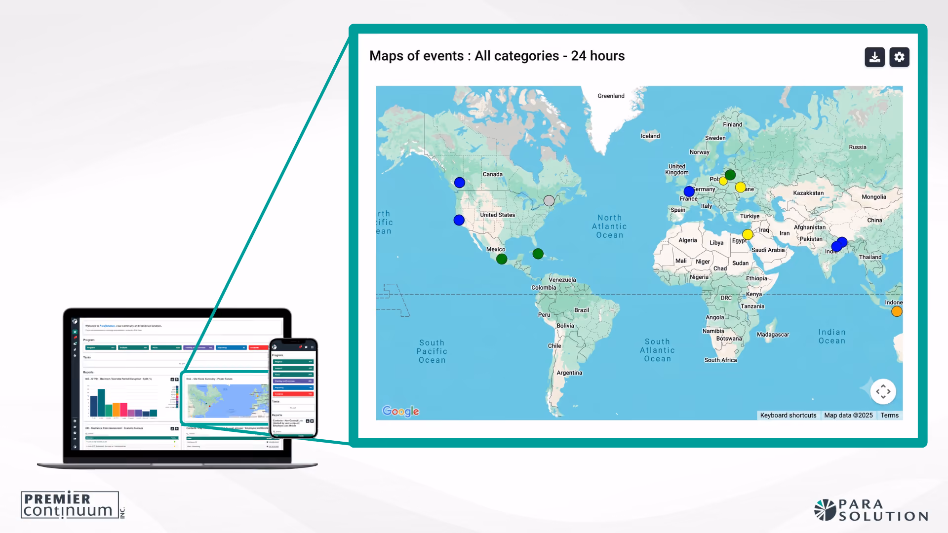 ParaSolution’s AI threat monitoring map supports horizon scanning by visualizing emerging and interconnected risks that could affect business operations and continuity.