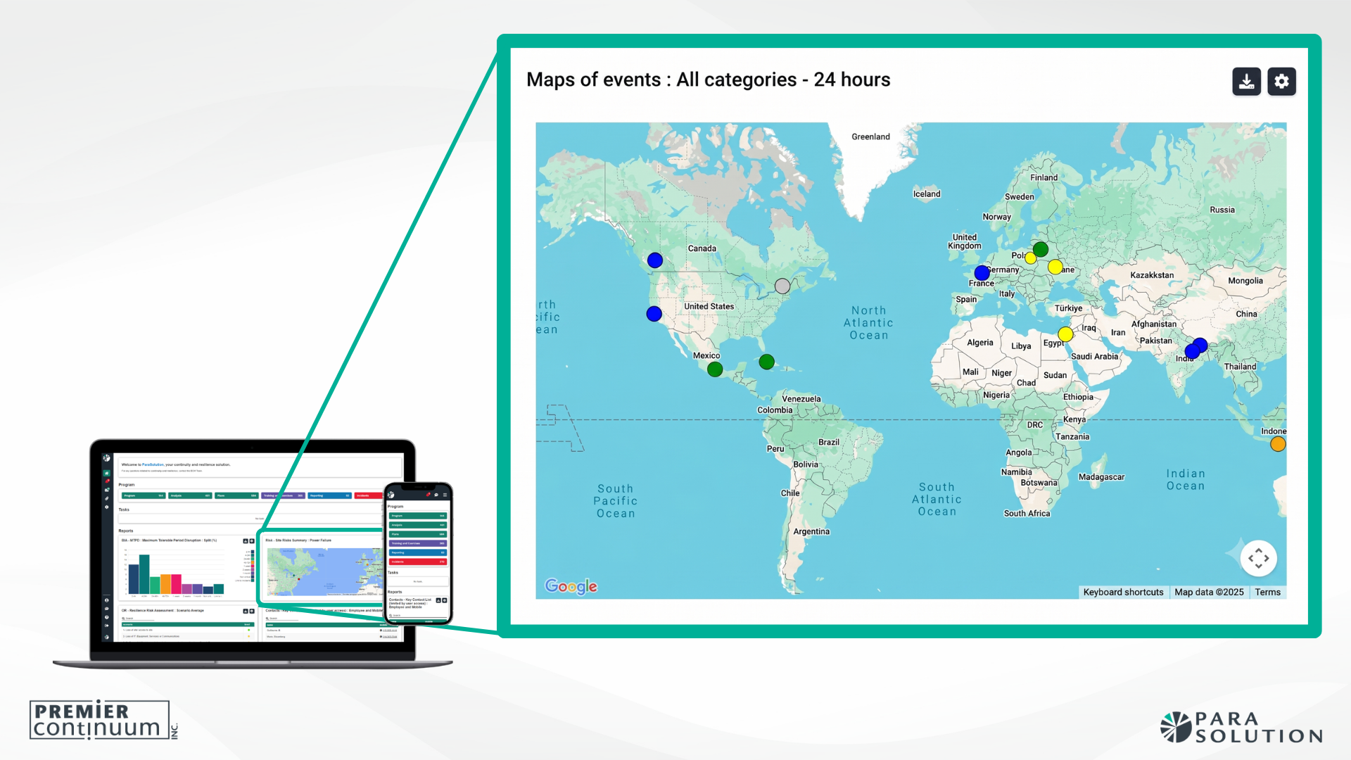ParaSolution’s AI threat monitoring map supports horizon scanning by visualizing emerging and interconnected risks that could affect business operations and continuity. 