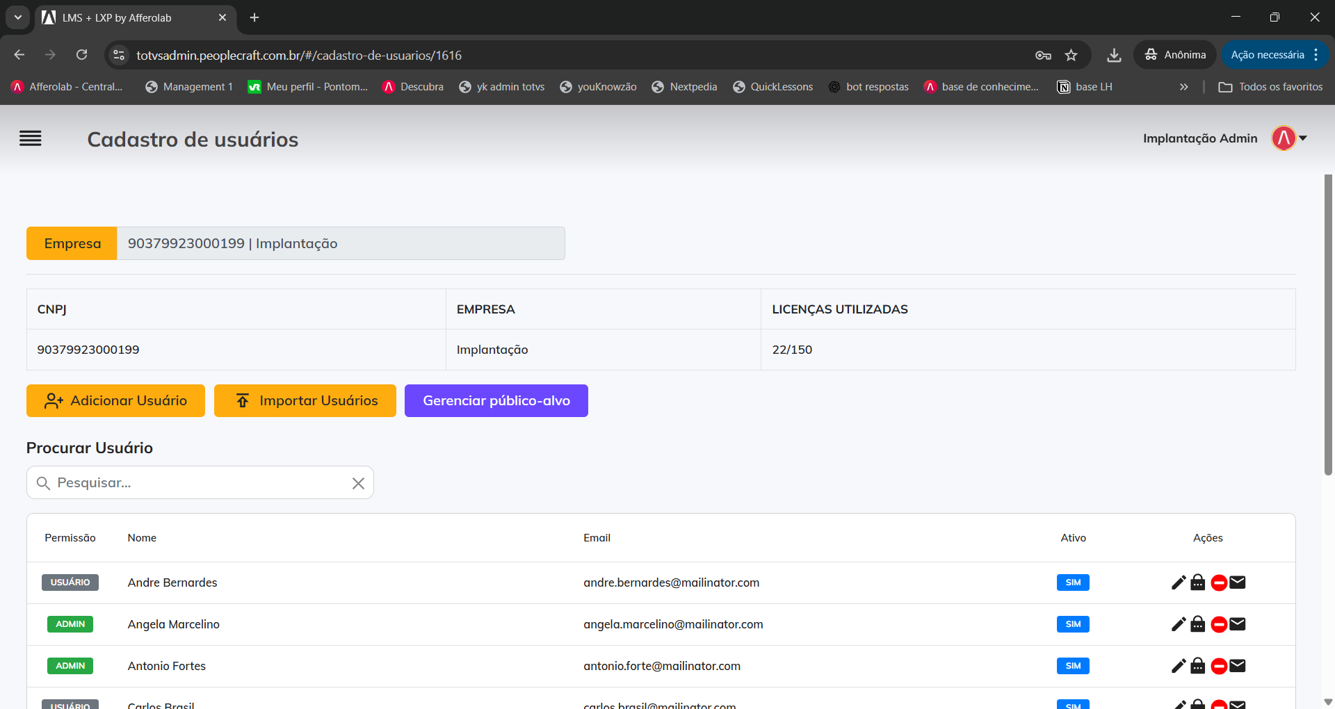 cadastro de usuários