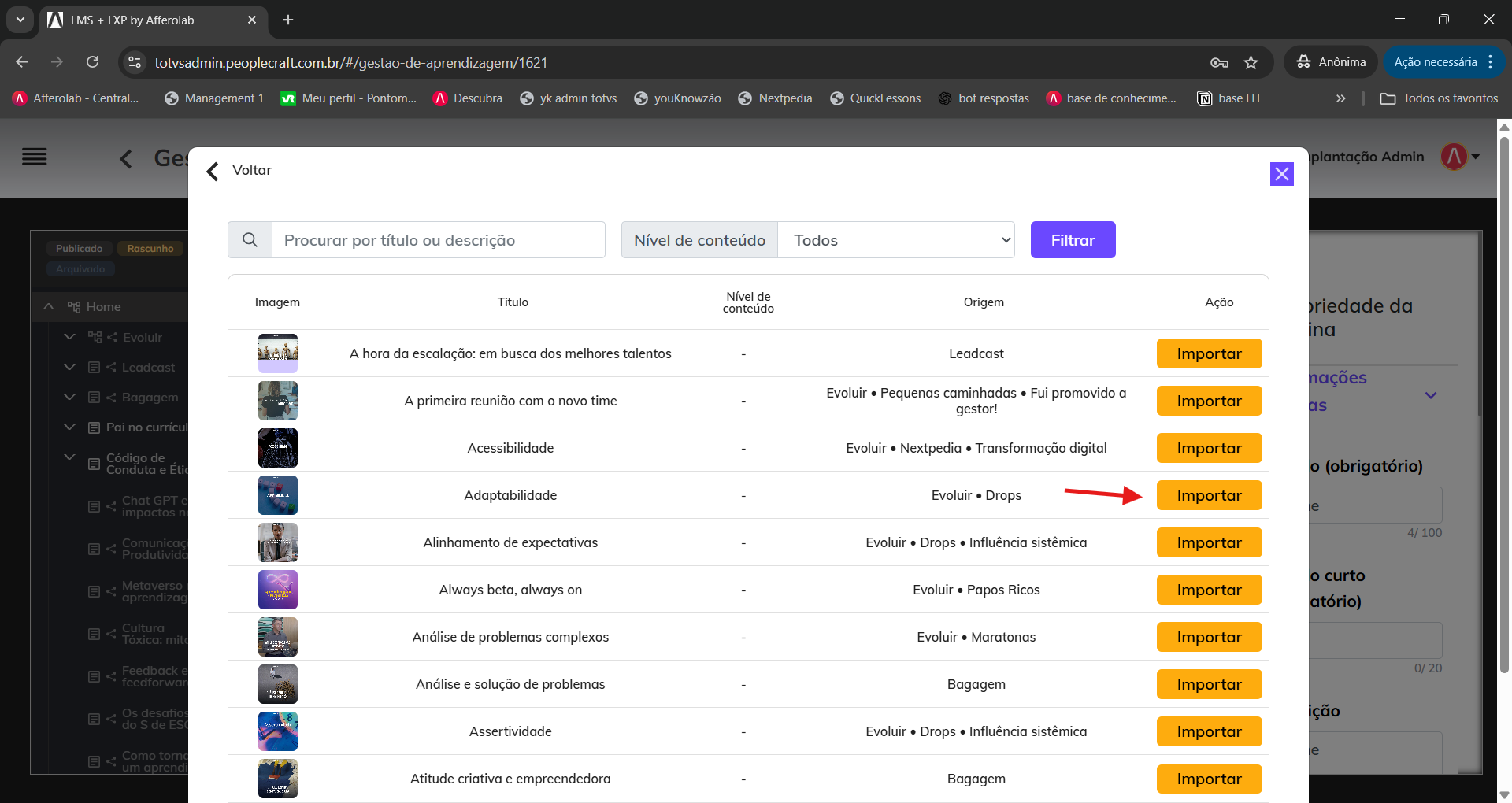 importação de cursos prontos Learning Hub 03